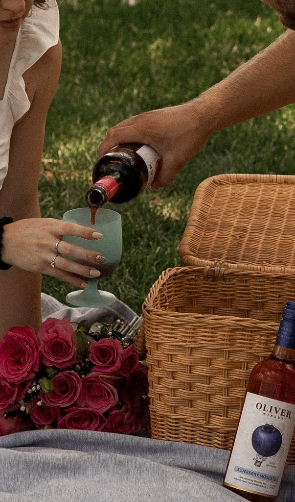 Surprise picnic marriage proposal with wine and pink roses under a willow tree with a waterfront view at White River State Park in Indianapolis.