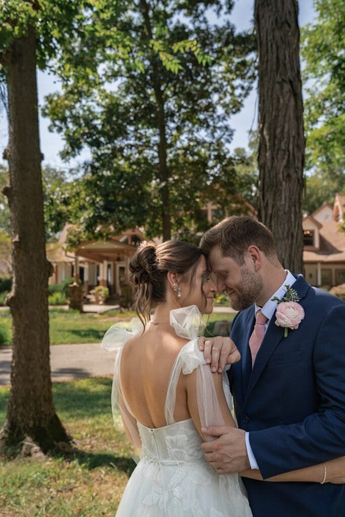 True to color and moody documentary style wedding portrait of a bride and groom at Lizton Lodge venue in Central Indiana.