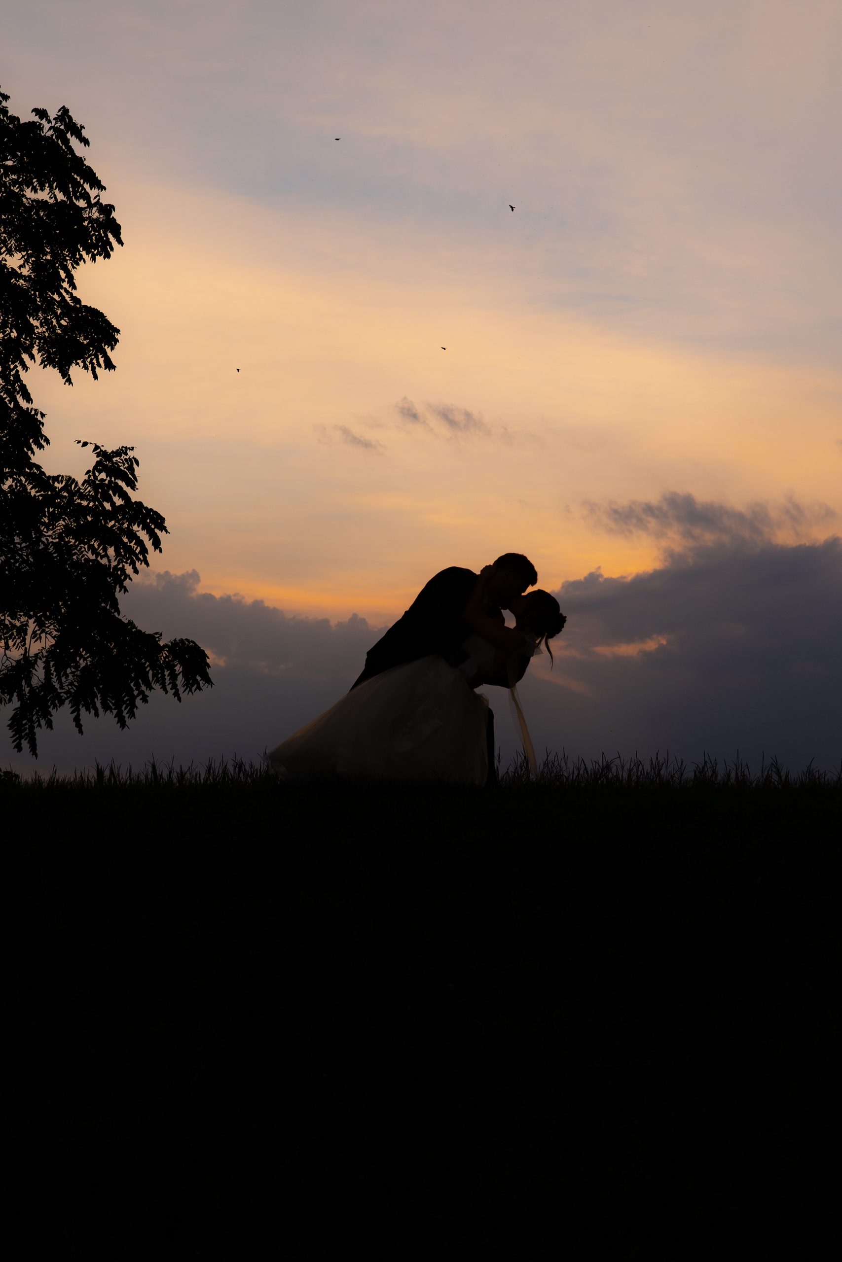 sunset hill photo at lizton lodge of bride and groom dip kiss silhouette